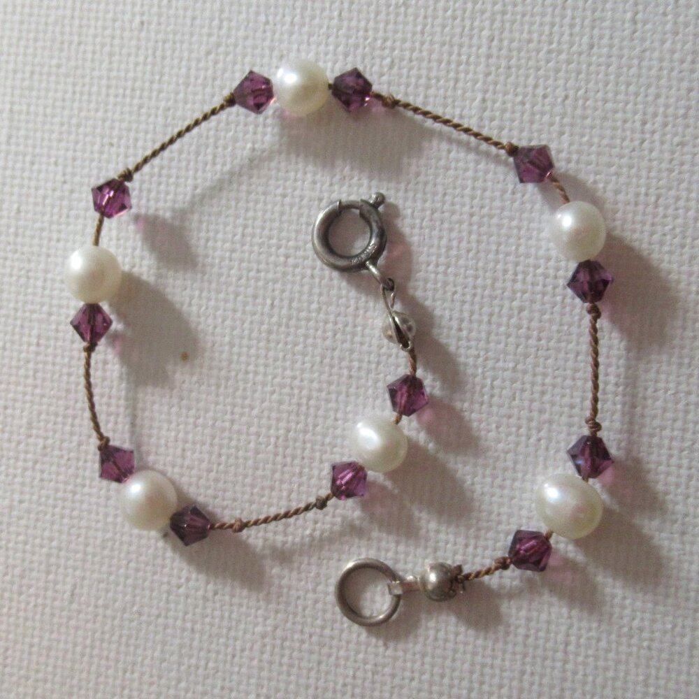 Amethyst & pearl bracelet, 925 Silver Clasp, Vintage, 7"